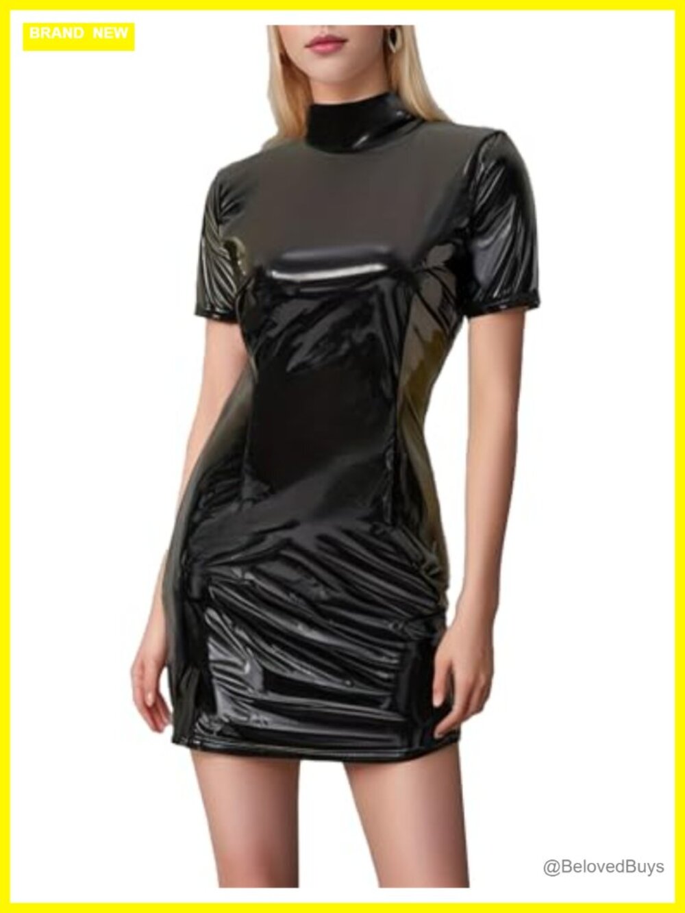 Plus Size Faux Leather Bodycon Mini Dress High Neck Short Sleeve Sleek Club